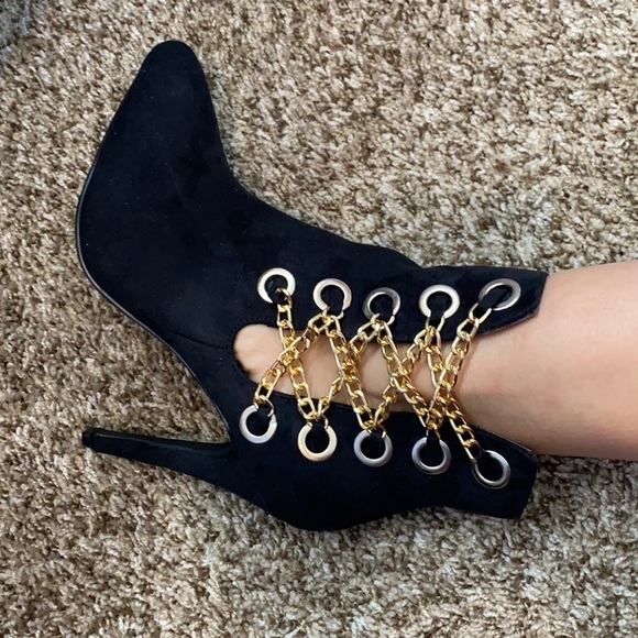 Paprika BERNIE-S Ankle Black Gold Chain Pointed Toe Booties 6.5 - Picture 3 of 13